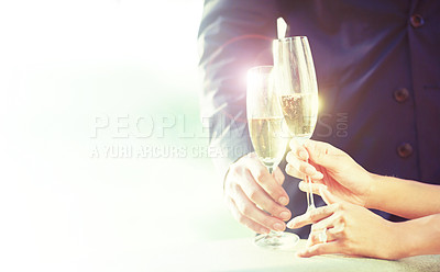 Buy stock photo People, hands and cheers with champagne glasses on mockup for celebration, toast or anniversary. Closeup of couple, alcohol or drink for date, advertising or marketing in love, romance or hospitality