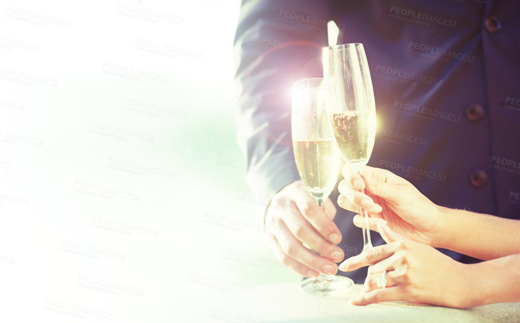 Buy stock photo People, hands and cheers with champagne glasses on mockup for celebration, toast or anniversary. Closeup of couple, alcohol or drink for date, advertising or marketing in love, romance or hospitality