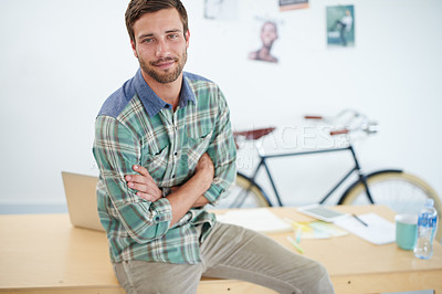 Buy stock photo Creative, office and portrait of businessman with crossed arms, pride and confidence for startup company. Professional, worker and person at desk for work, job opportunity and career in workplace