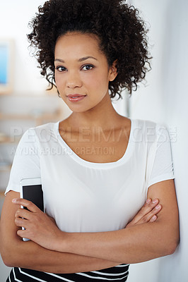 Buy stock photo Phone, office and portrait of business black woman with confidence, career pride and crossed arms. Professional, startup company and person with smartphone for internet, social media and website