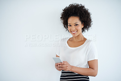 Buy stock photo Phone, white background and portrait of business black woman for social media, internet and website. startup, professional and isolated person on smartphone for networking, contact and communication