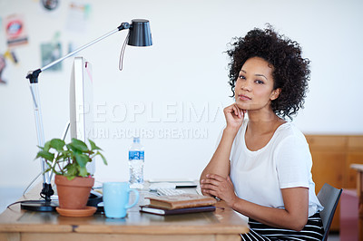 Buy stock photo Business woman, confidence and portrait at office desk of creative project, planning or copywriting career. Face of young professional editor, writer or African person on computer at creative startup