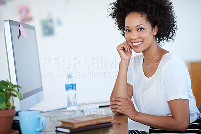 Buy stock photo Young woman, confidence and portrait at computer for creative project, planning or copywriting career. Face of professional editor, writer or African person on desktop at creative or business startup