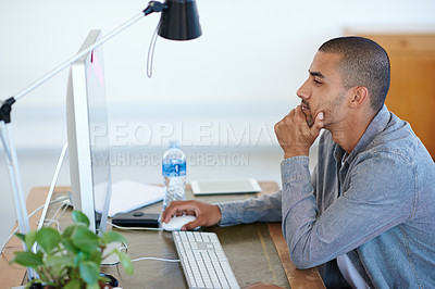 Buy stock photo Business man, thinking and reading on computer for creative project, research and online editing or copywriting. Young professional editor, writer or person on desktop for ideas or startup solution