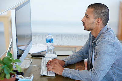 Buy stock photo Business man, reading and planning on computer for creative project, research and online editing or copywriting. Professional editor, writer or young person typing on desktop for website and startup