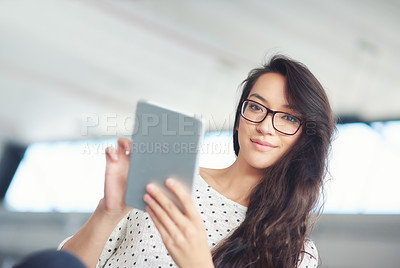 Buy stock photo Startup, tablet and portrait of business woman for online research, website news and internet. Professional, creative office and person on digital tech for networking, typing email and communication