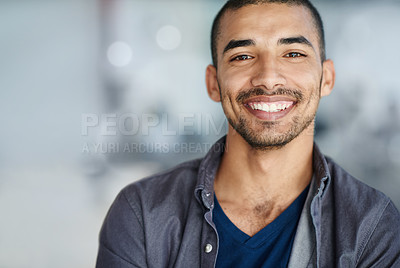 Buy stock photo Happy, smile and portrait of business black man in office for career, working and job opportunity. Professional, creative startup and person with confidence, company pride and positive attitude
