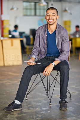 Buy stock photo Tablet, chair and portrait of happy businessman for online research, website news and internet. Professional, startup office and person on digital tech for networking, typing email and communication