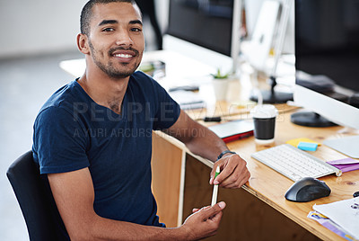Buy stock photo Young man, portrait and planning on computer for creative project, research and online editing of website. Professional graphic designer, employee or business person working on desktop at a startup