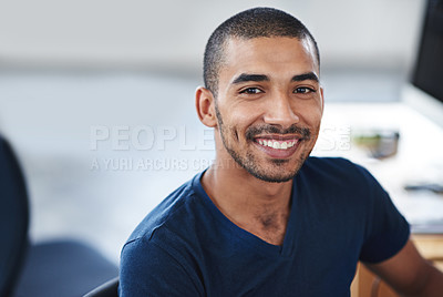 Buy stock photo Happy, startup and portrait of business black man for career, job and working in office. Professional, creative company and confidence person at desk for media, publishing and graphic design agency