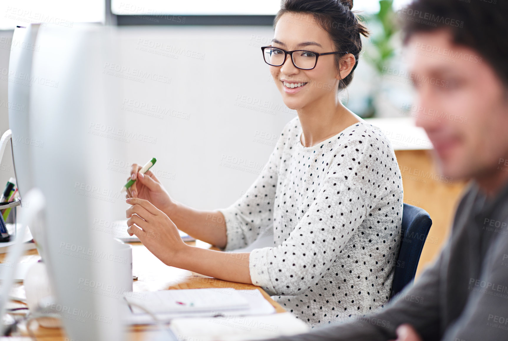 Buy stock photo Business woman, planning and teamwork in workspace by computer for creative project or copywriting career. Portrait of a young worker or employees working and happy for job at online startup company