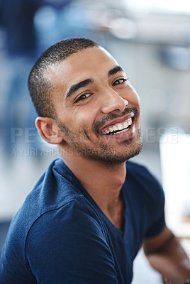 Buy stock photo Happy, laugh and portrait of business man for startup career, job and working in office. Professional, creative company and confidence person at desk for advertising, marketing and design agency