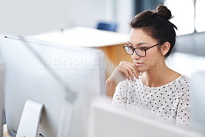 Buy stock photo Business, thinking and woman with a computer, focus and connection with online reading, copy writer and creative. Female person, employee or consultant with a pc, search internet and editing project