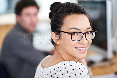 Buy stock photo Portrait, smile and business woman in office of creative startup company for coworking, job and career. Face, happy professional and entrepreneur with glasses, designer and employee in workplace