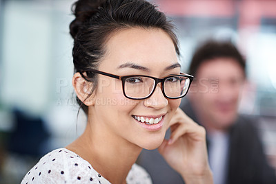 Buy stock photo Portrait, smile and business woman in creative startup company for coworking, job and career of female person in office. Face, glasses and happy professional entrepreneur, editor and employee at work