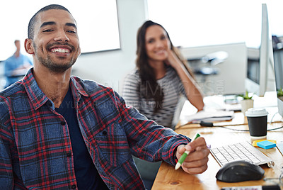Buy stock photo Business people, planning and teamwork in workspace by computer for creative project or copywriting career. Portrait of a young man and woman with collaboration and happy at a online startup company