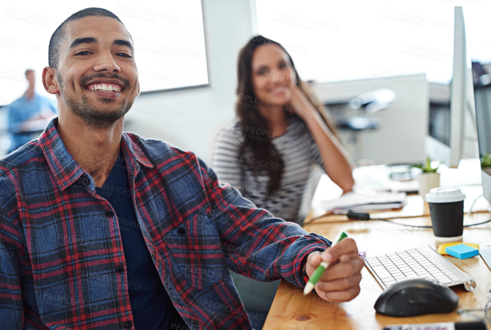 Buy stock photo Business people, planning and teamwork in workspace by computer for creative project or copywriting career. Portrait of a young man and woman with collaboration and happy at a online startup company