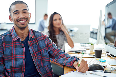 Buy stock photo Happy, office and portrait of man coworking with people for creative project in Brazil company. Excited, employee and person smile for collaboration with productivity or planning teamwork with notes