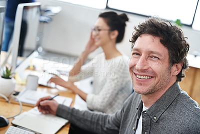 Buy stock photo Portrait, man and teamwork in office for planning with monitor, colleagues and work. Happy male person, collaboration and technology in workplace with meeting, development and cooperation for success