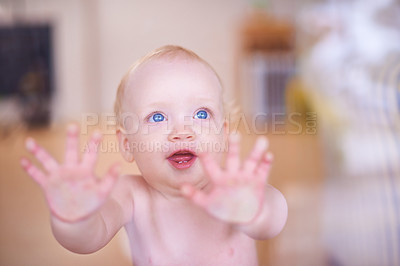 Buy stock photo Female baby, window and hands with blue eyes in house learning for child development, growth and motor skills. Kid, glass and body with smile in home watching for walking, observing and awareness