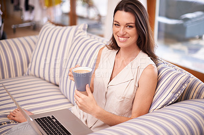 Buy stock photo Portrait, woman and laptop with coffee for relaxing, happiness and weekend break on sofa. Smile, computer and female person for streaming movie, social media or browsing internet in apartment