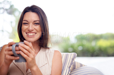Buy stock photo Woman, home and smile in couch with tea to relax or chill on break, day off and enjoy. Portrait, female person and happy in living room on sofa with cup of coffee for rest and calm in lounge. 