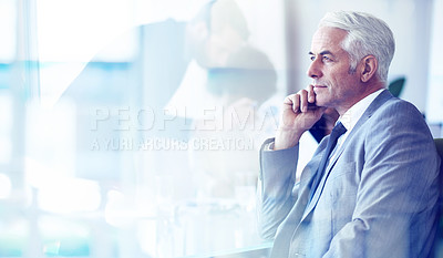 Buy stock photo Business, corporate and thinking with man, double exposure and professional with problem solving and solution. Mature person, ceo or executive director with ideas and planning with decision or choice