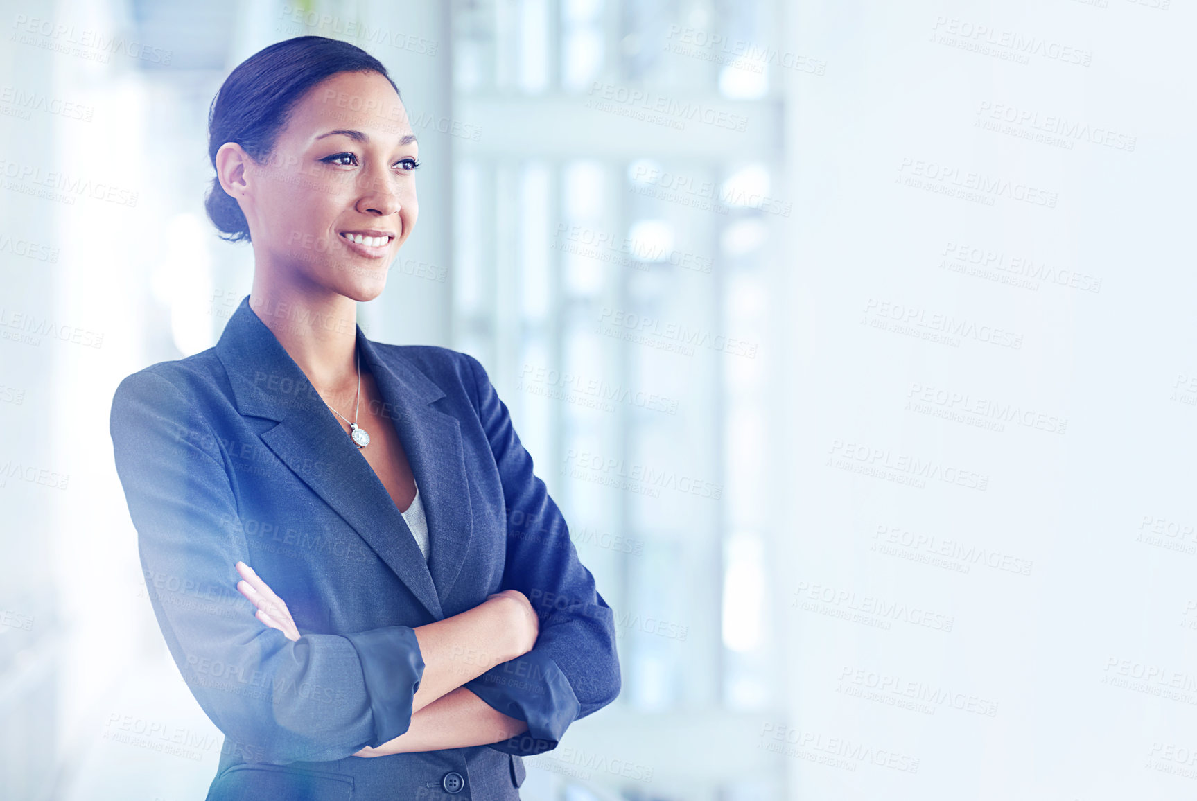 Buy stock photo Business woman, lawyer and confidence with dream or vision for career ambition, mission or corporate firm at office. Happy female person or professional employee smile with arms crossed at workplace