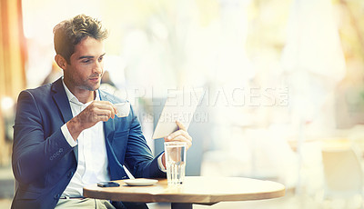 Buy stock photo Businessman, tablet and coffee outdoor at cafe with table for online news, internet and business. Entrepreneur, technology and water with phone for digital calendar, planning and reviews for company