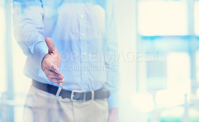 Buy stock photo Business man, opportunity and handshake for welcome, introduction or greeting in office. Shaking hands, contract or closeup of professional with collaboration deal, b2b agreement or recruitment offer