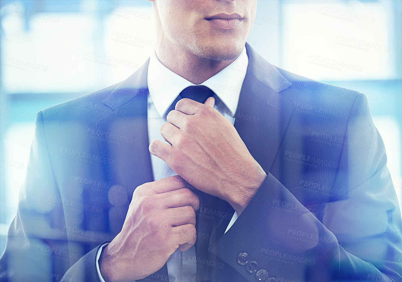 Buy stock photo Hands, business man and professional tie in office, lawyer and ready for office interview. Male person, closeup and professional clothing or formal fashion, attorney and fixing accessory for job