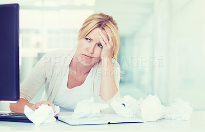 Buy stock photo Stress, burnout and business woman with headache from work, job and tired from corporate career. Computer, paper and investment banker exhausted in office, workspace and frustrated by deadline 