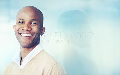 Buy stock photo Smile, happy and portrait of businessman with mockup space for promotion, advertising and show isolated on blue background. Male person, professional and employee in corporate career for banking