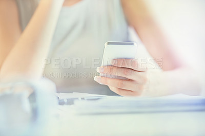 Buy stock photo Closeup, hands and business woman with phone in office for social media networking or contact communication. Smartphone, app and female manager online for internet, search or blog, email or texting