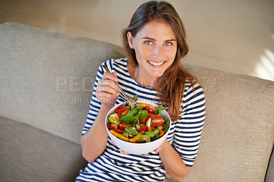 Buy stock photo Woman, salad and smile with portrait, diet and health or wellness for weight loss. Lady, living room and organic vegetables with happiness, vegan snack or lunch choice on couch or lounge in house