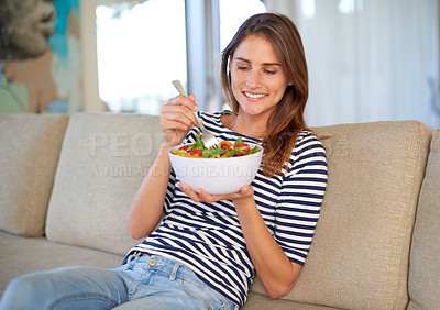 Buy stock photo Woman, salad and smile with home, diet and health or wellness for weight loss. Lady, living room and organic vegetables with happiness, vegan snack or lunch choice on couch or lounge in house