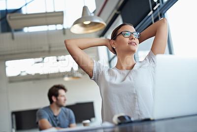 Buy stock photo Woman, relax at desk and thinking of ideas for project, problem solving and solution with deadline at startup. Brainstorming, inspiration and mindfulness with break at work, rest and calm at office