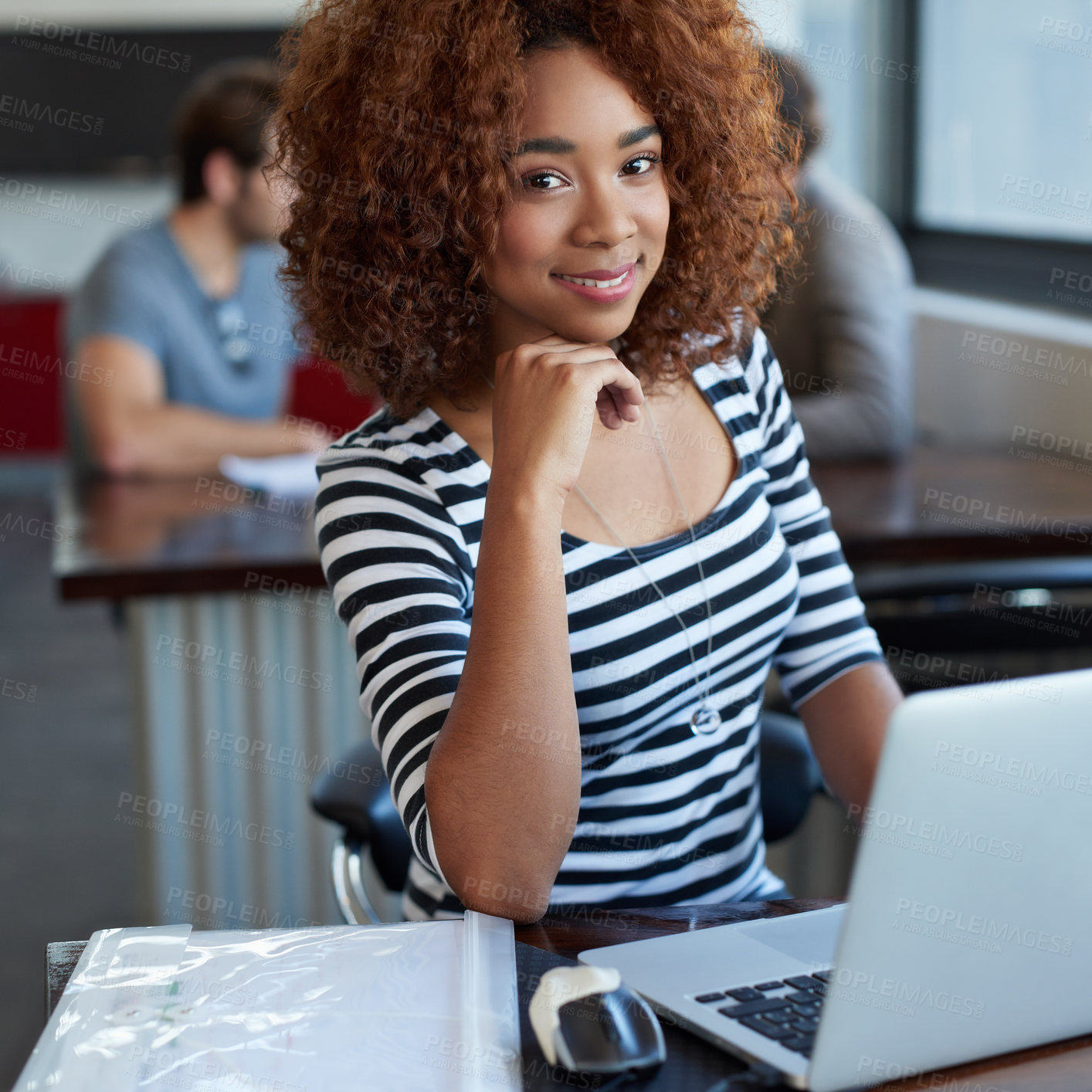 Buy stock photo Face, smile and black woman with laptop in office, workspace and confident in creative career. Female person, internship and journalist for magazine, newspaper or online publication happy for job
