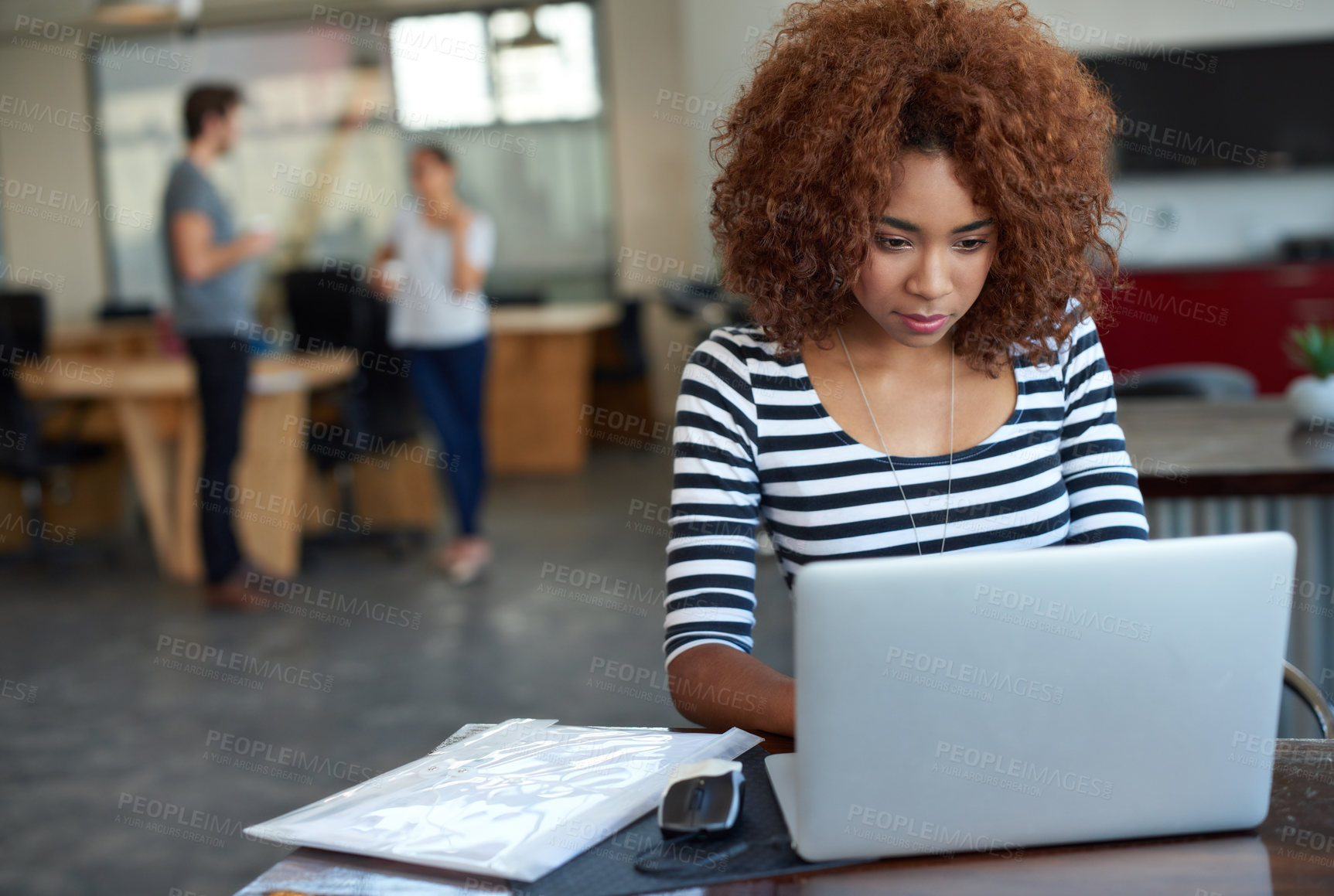 Buy stock photo Business woman, laptop and website for research, networking and internet for project summary. Black female person, copywriting and online for plan, typing and app for info in creative media office