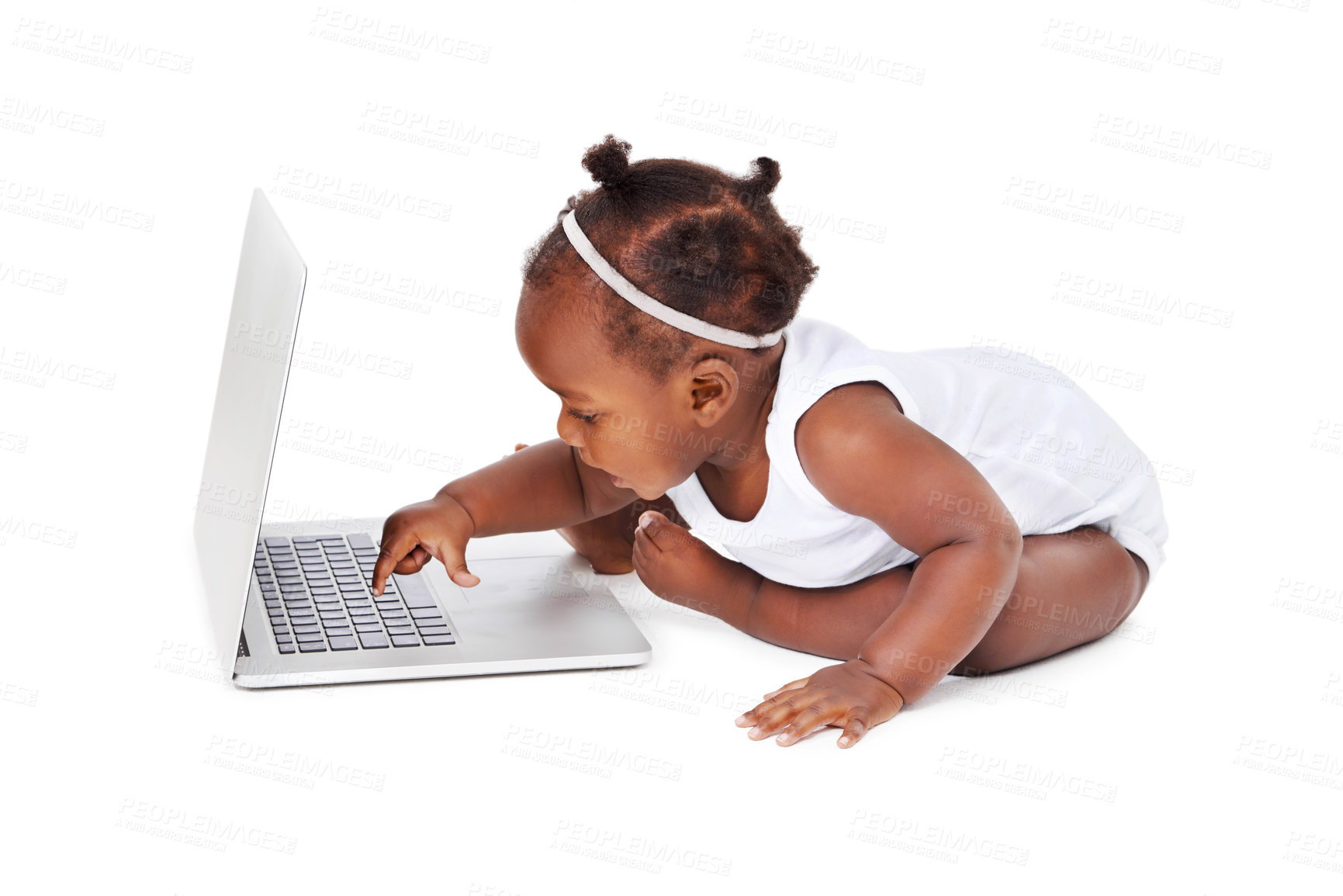 Buy stock photo African, baby girl in studio with laptop in portrait, curious or play with computer. Female child on backdrop with technology for video learning, amusement or development, milestones in Cape Town