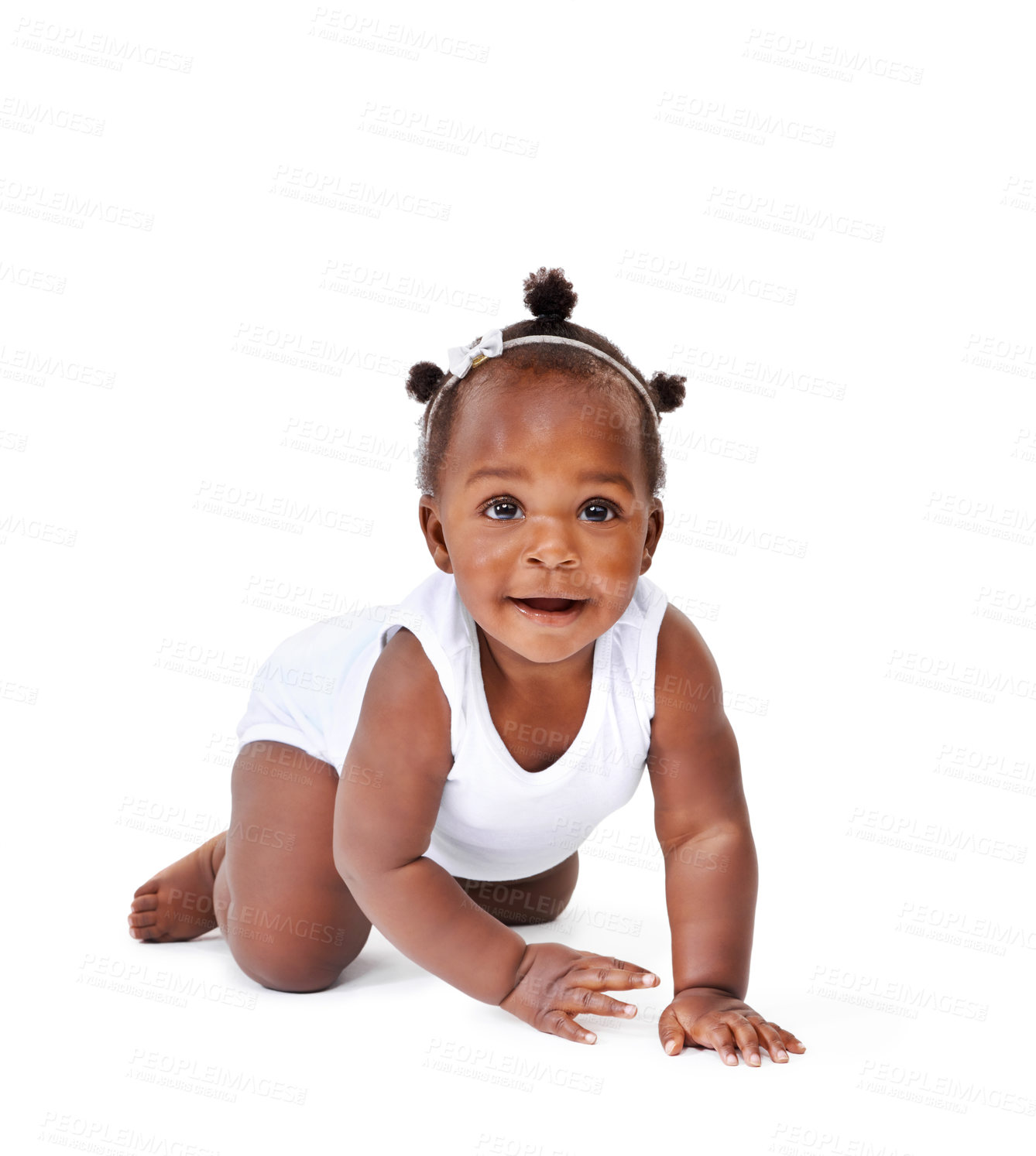 Buy stock photo Smile, crawling and African girl baby isolated on white background with playful happiness and growth. Learning to crawl, playing and sitting, face of happy black kid on studio backdrop with childcare