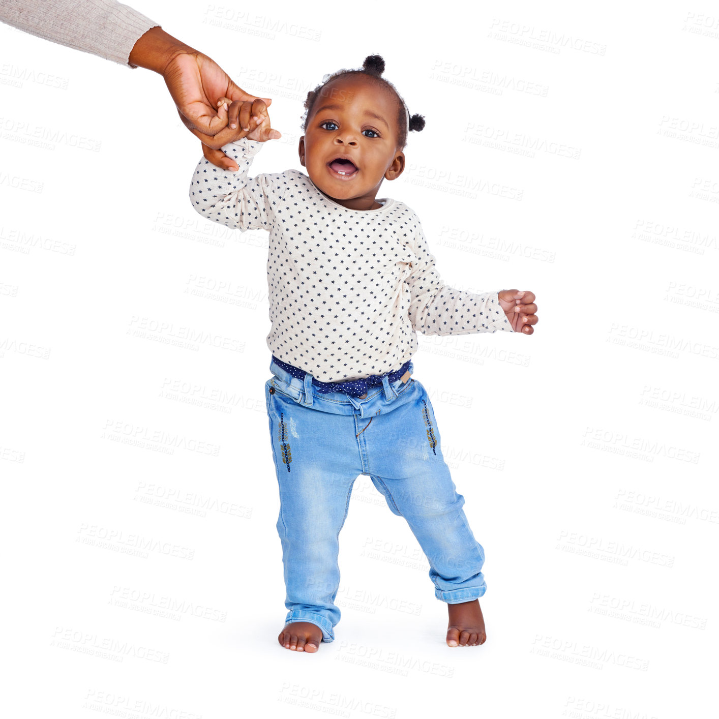 Buy stock photo Baby girl, walking and hand in studio for help, support and balance with mockup space. Child, learning and coordination or motor skills development for steps in white background, infant care and love