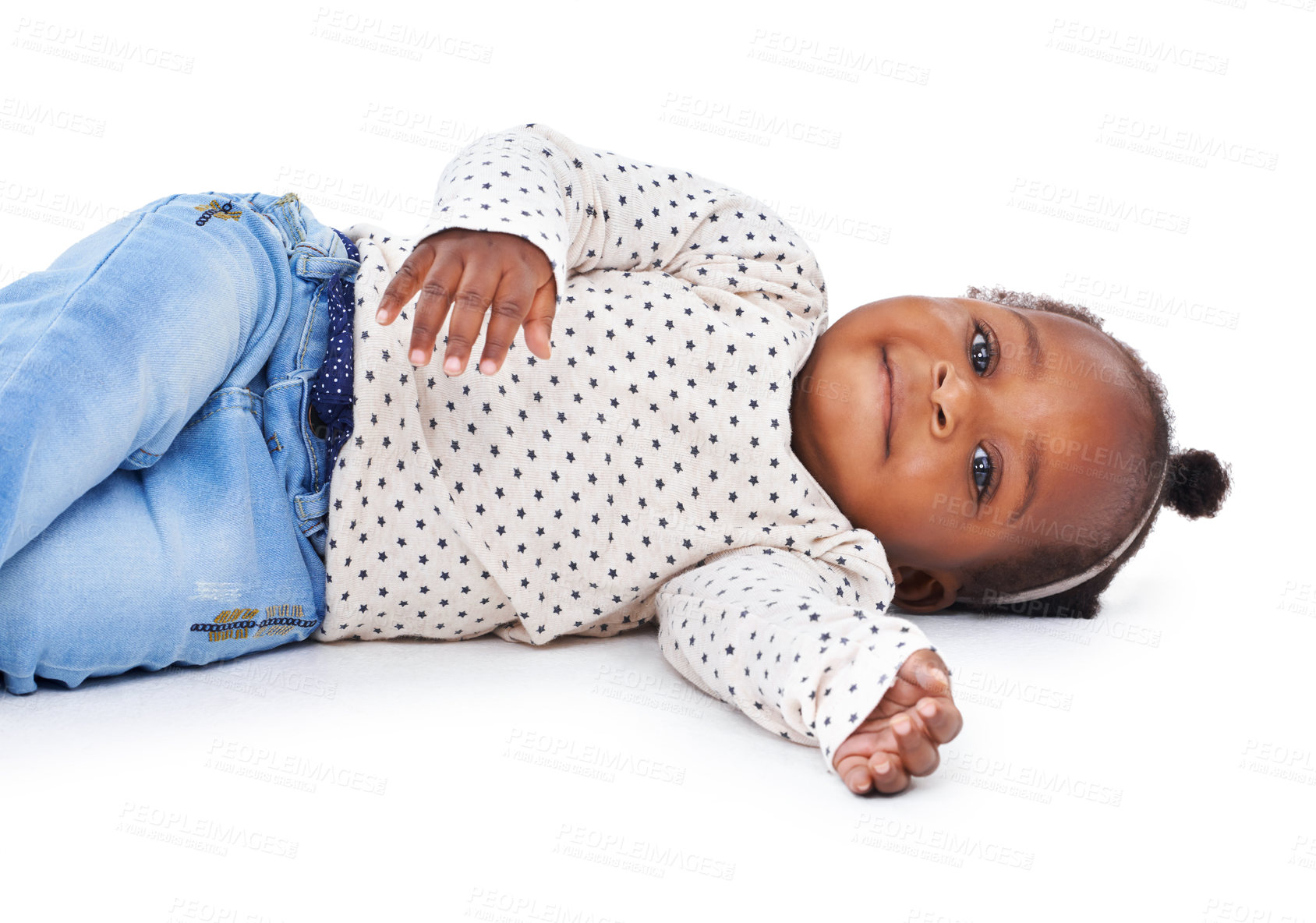 Buy stock photo Portrait, baby or girl to relax, lying or happy on floor of mockup studio on white background. Black toddler, ground or smile to rest, calm or healthy as peace, comfort or morning break in childhood