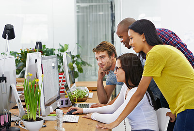 Buy stock photo Team, diversity and creativity with computer, meeting and support for project collaboration. Designers, teamwork and professional entrepreneur with office, technology and smile for happy workforce