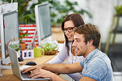 Buy stock photo Teamwork, man and woman with laptop, creative and monitor on desk, technology and internet. Employees, staff and colleagues with smile for project, happiness and collaboration for company of design
