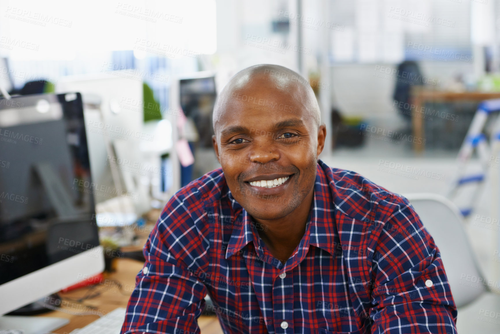 Buy stock photo African man, portrait and computer or technology with creative job, happy smile with web designer in office workspace. Businessman, company and workplace for online search with internet browse