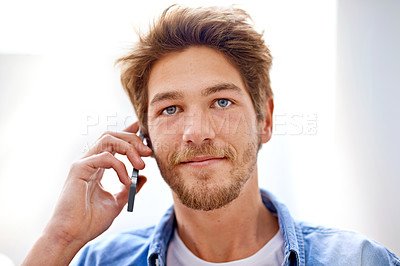 Buy stock photo Phone call, conversation and portrait of man in home for chat, communication or listening to contact. Smartphone, talking and face of person on mobile for news, discussion or network in apartment