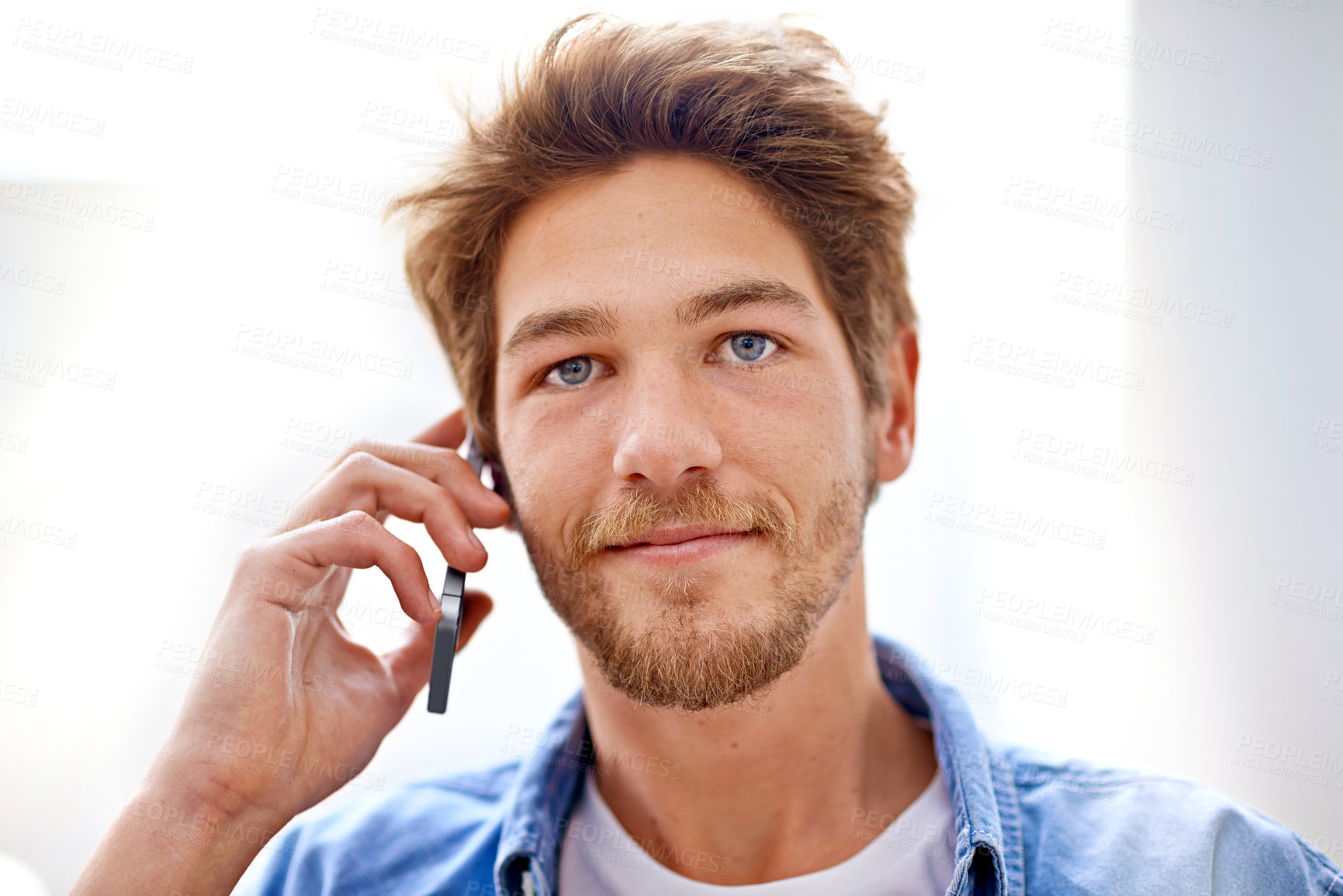 Buy stock photo Phone call, conversation and portrait of man in home for chat, communication or listening to contact. Smartphone, talking and face of person on mobile for news, discussion or network in apartment