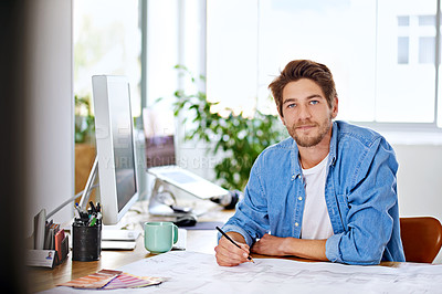 Buy stock photo Computer, office and portrait of man, schedule and technology for writer, networking and internet. Creative, male person and staff for remote, working and happiness for career as author on desk