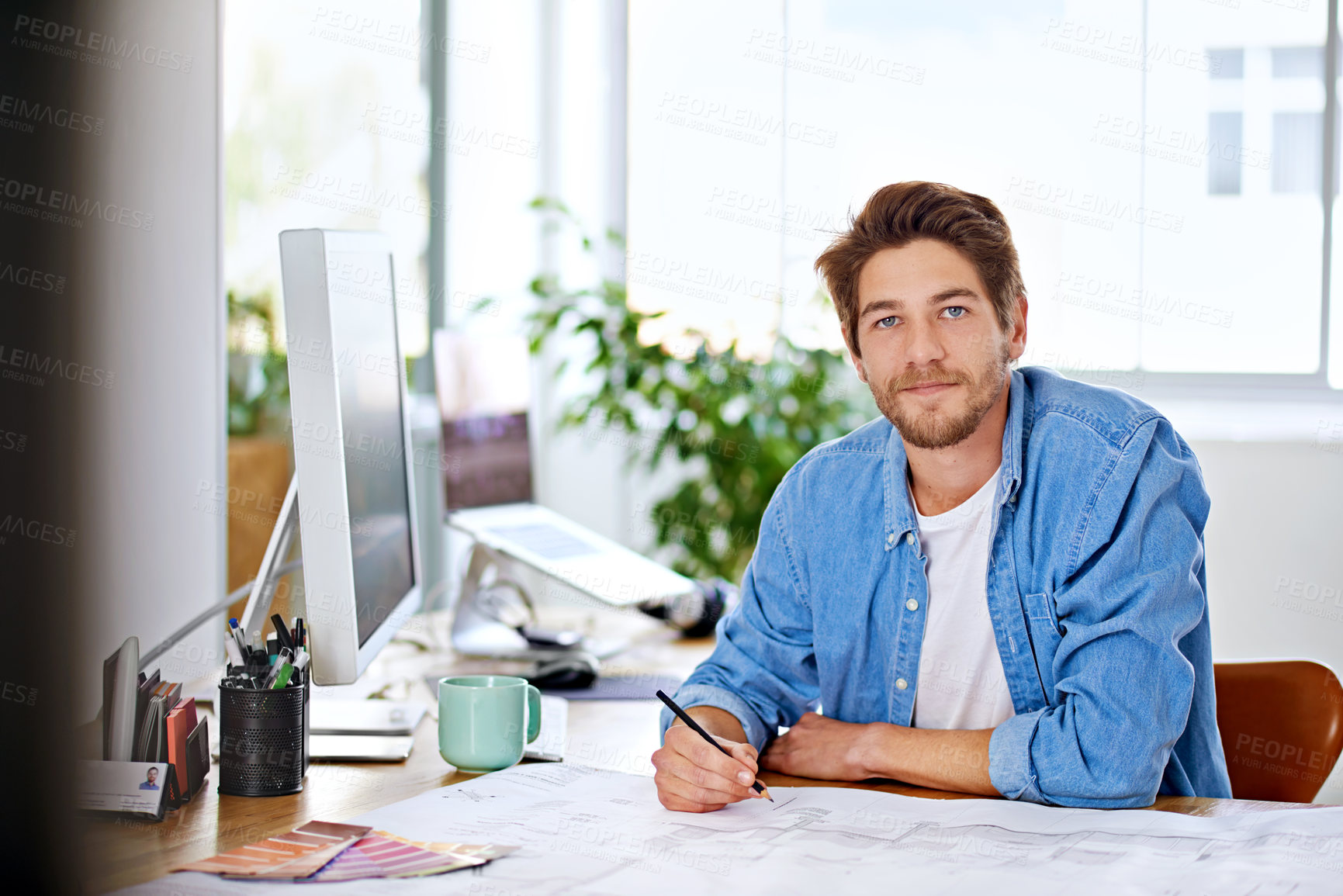 Buy stock photo Computer, office and portrait of man, schedule and technology for writer, networking and internet. Creative, male person and staff for remote, working and happiness for career as author on desk